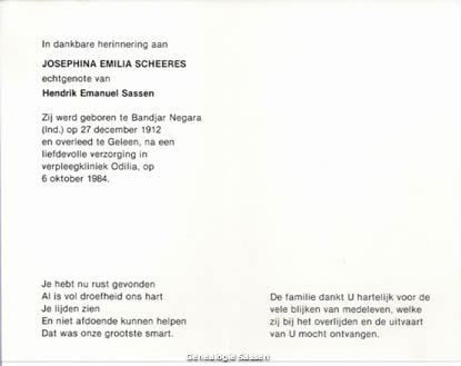 bidprentje Jozefina Emilia Scheeres (tekst)