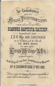 H. Priesterwijding Johannes Baptista Paulinus Sassen (tekst)