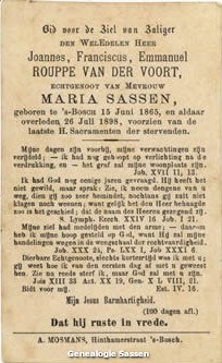 bidprentje Joannes Franciscus Emmanuel Rouppe van der Voort (tekst)