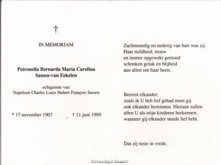 bidprentje Petronella Bernarda Maria Carolina Helena van Eekelen (tekst)