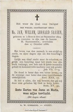 bidprentje mr. Johannes Wilhelmus Leonardus Sassen (tekst)