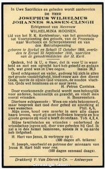 bidprentje Josephus Wilhelmus Johannes Sassen Clingh (tekst)